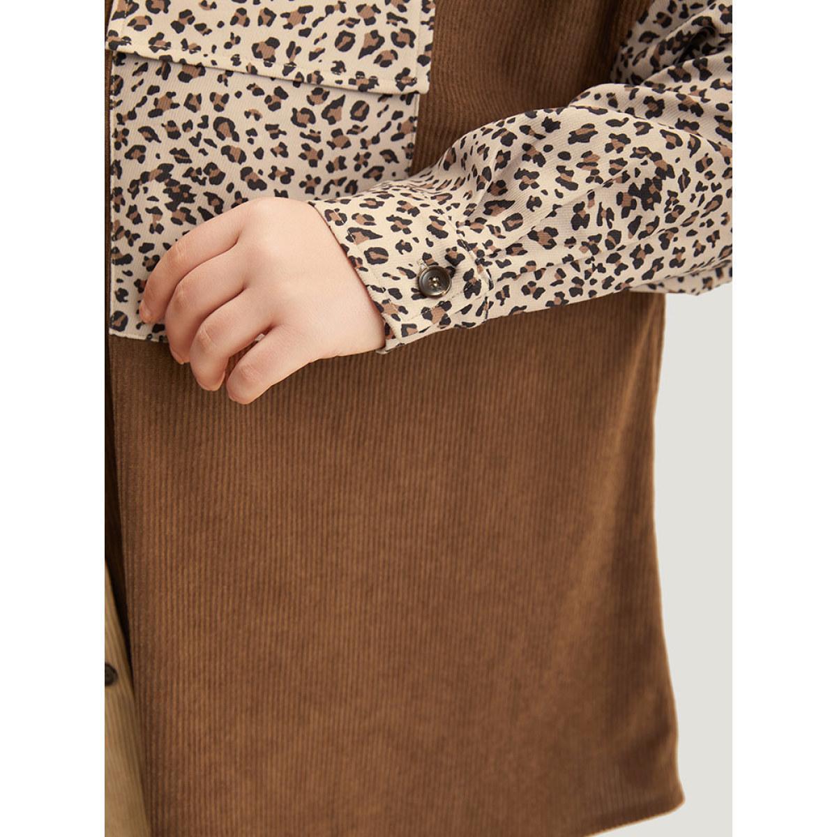 Plus Size Leopard Patchwork Pocket Contrast Button Through Coat Women DarkBrown Texture Pocket Dailywear Jackets BloomChic 18-20/2X Product Image