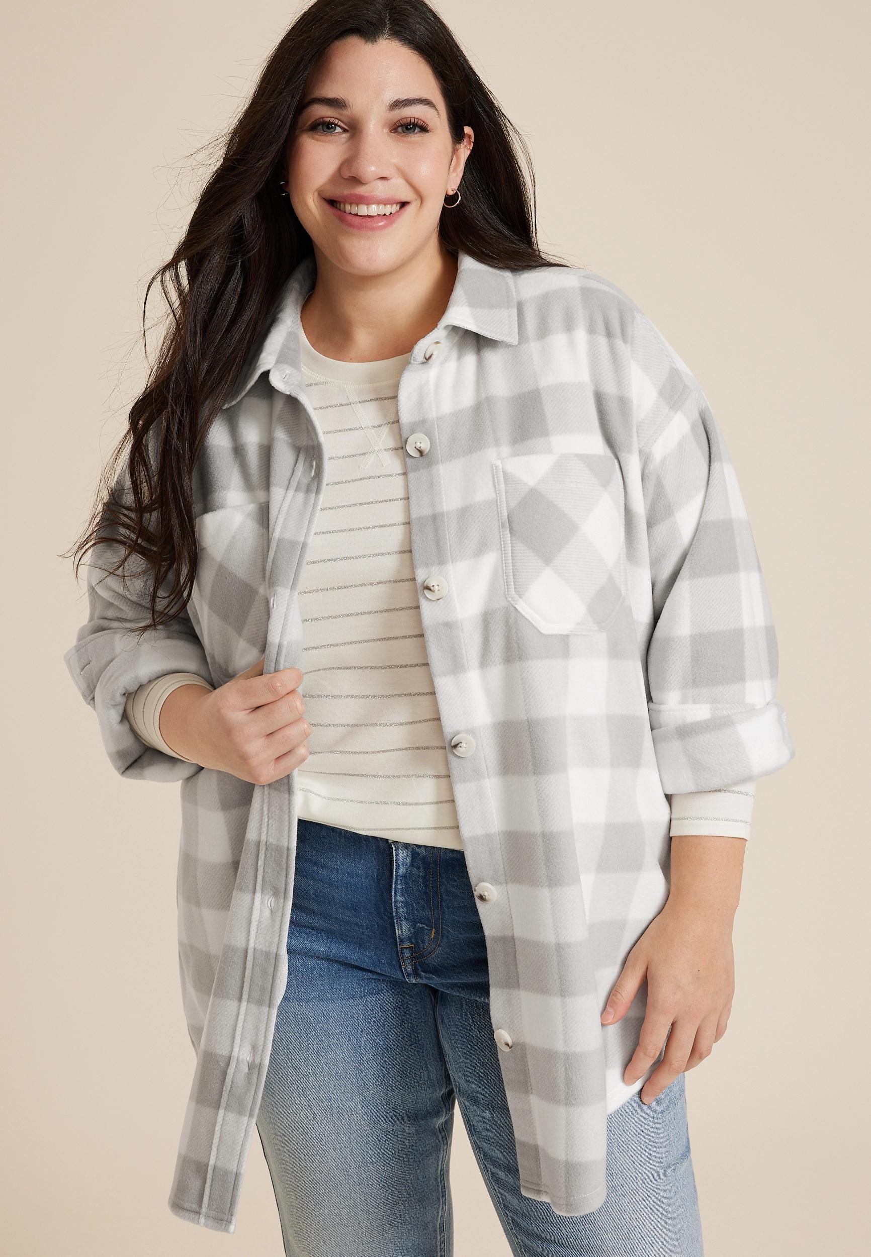 Maurices Plus Size Womens Wilder Plaid Fleece Shacket Beige Size 4X Product Image