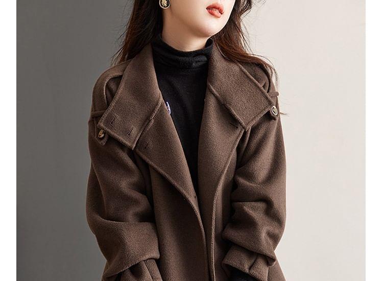 Set: Stand Collar Plain Button-Up Coat + Belt Product Image