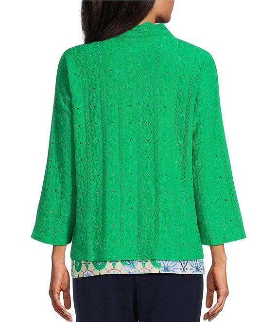 Allison Daley Petite Size Floral Eyelet Knit 3/4 Sleeve Open-Front Cardigan Product Image
