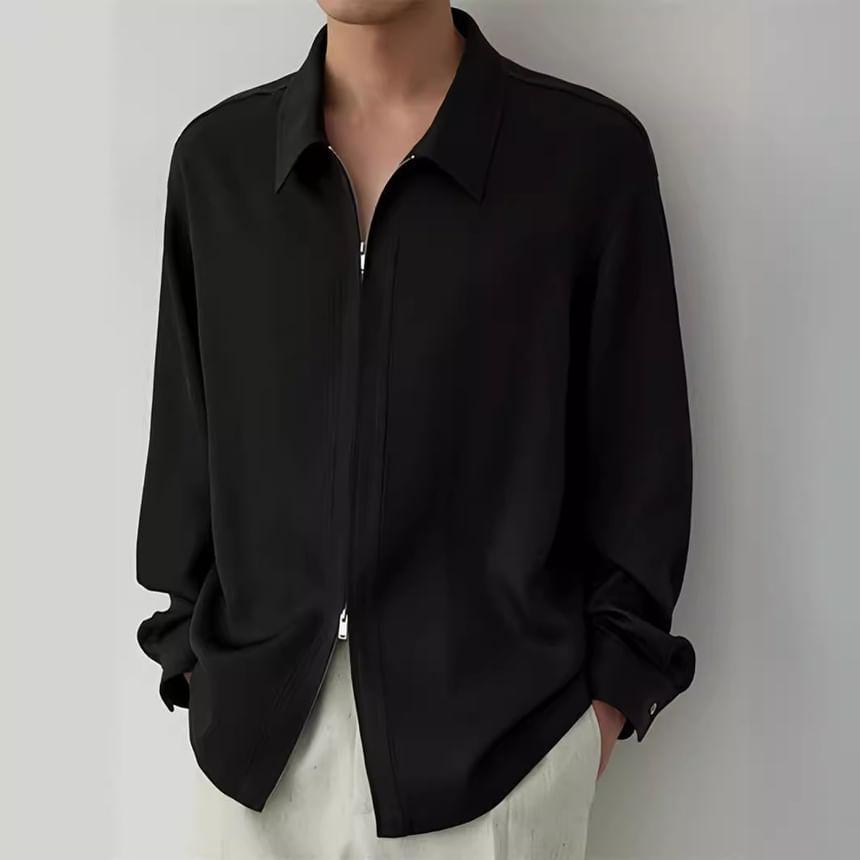 Long-Sleeve Zip-Up Plain Shirt Product Image