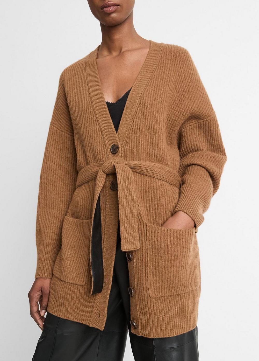 Womens Faux-Leather-Trim Ribbed Wool-Cashmere Cardigan, Almond, Size L Vince Product Image