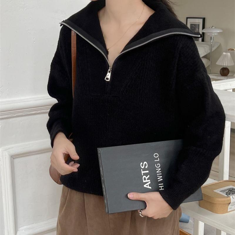 Turtleneck Plain Ribbed Half-Zip Sweater Product Image