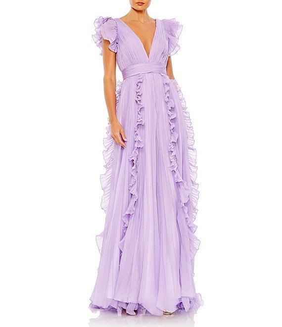 Mac Duggal Pleated Ruffle Cap Sleeve Deep V-Neck Flowy A-Line Gown Product Image