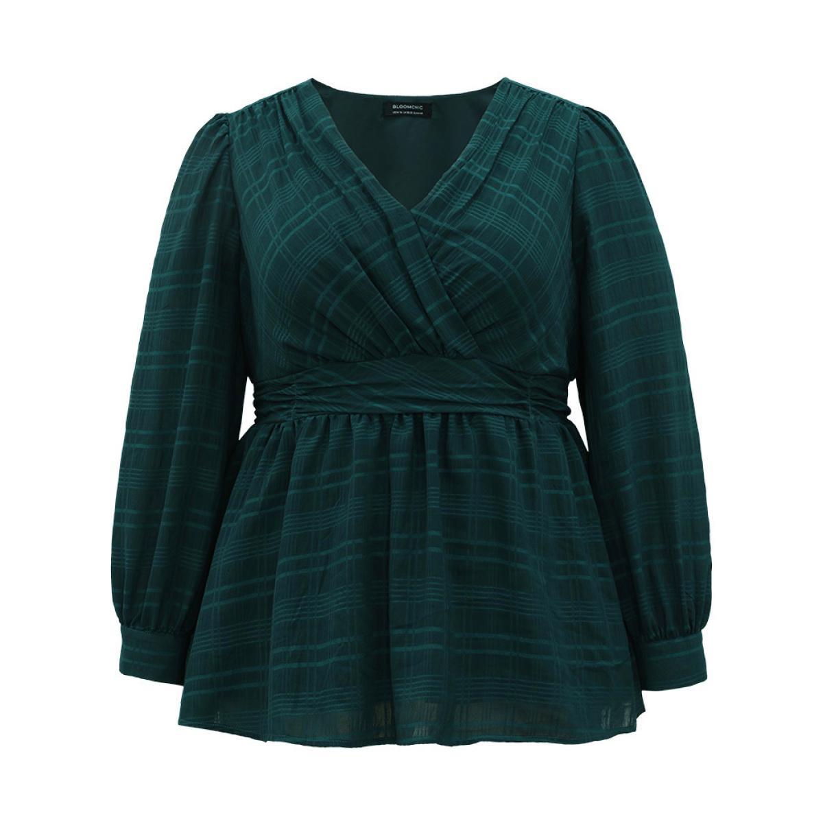 Plus Size DarkGreen Plaid Wrap Ruched Lantern Sleeve Blouse Women Office Long Sleeve V-neck Work Blouses BloomChic 30/6X Product Image