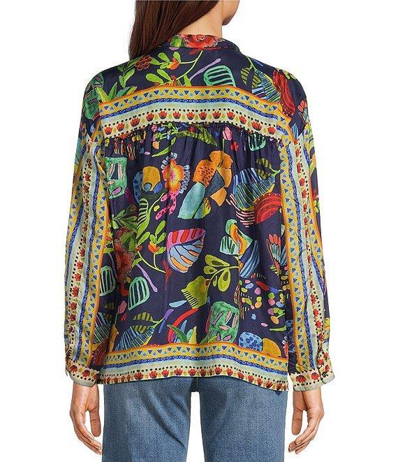 JOHNNY WAS Audrey Silk Farout Boho Floral Scarf Print V-Neck Long Roll Tab Sleeve Button Front Shirt Product Image
