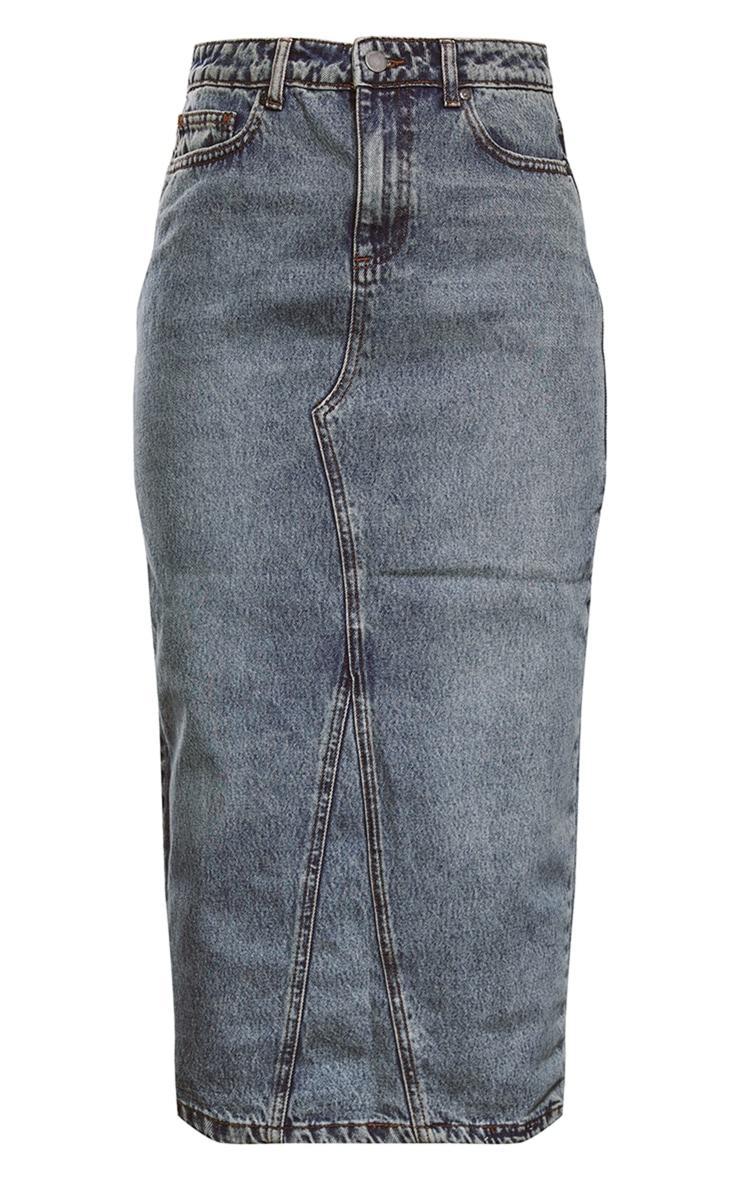  Acid Blue Wash Denim Split Back Midi Skirt Product Image