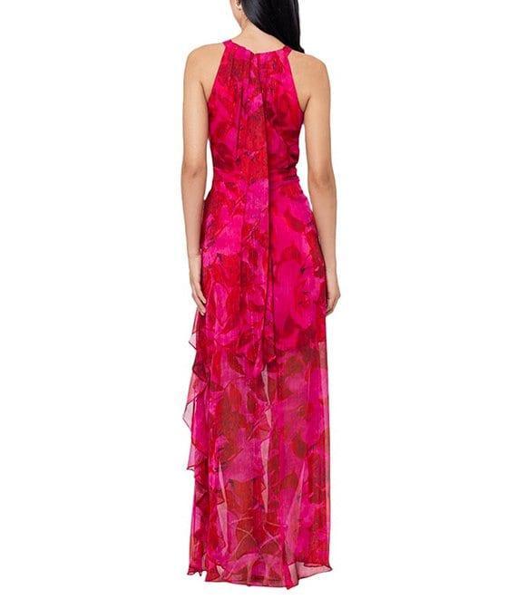 Betsy & Adam Floral Print Halter Neck Sleeveless Cascading Ruffle Tie Back Dress Product Image