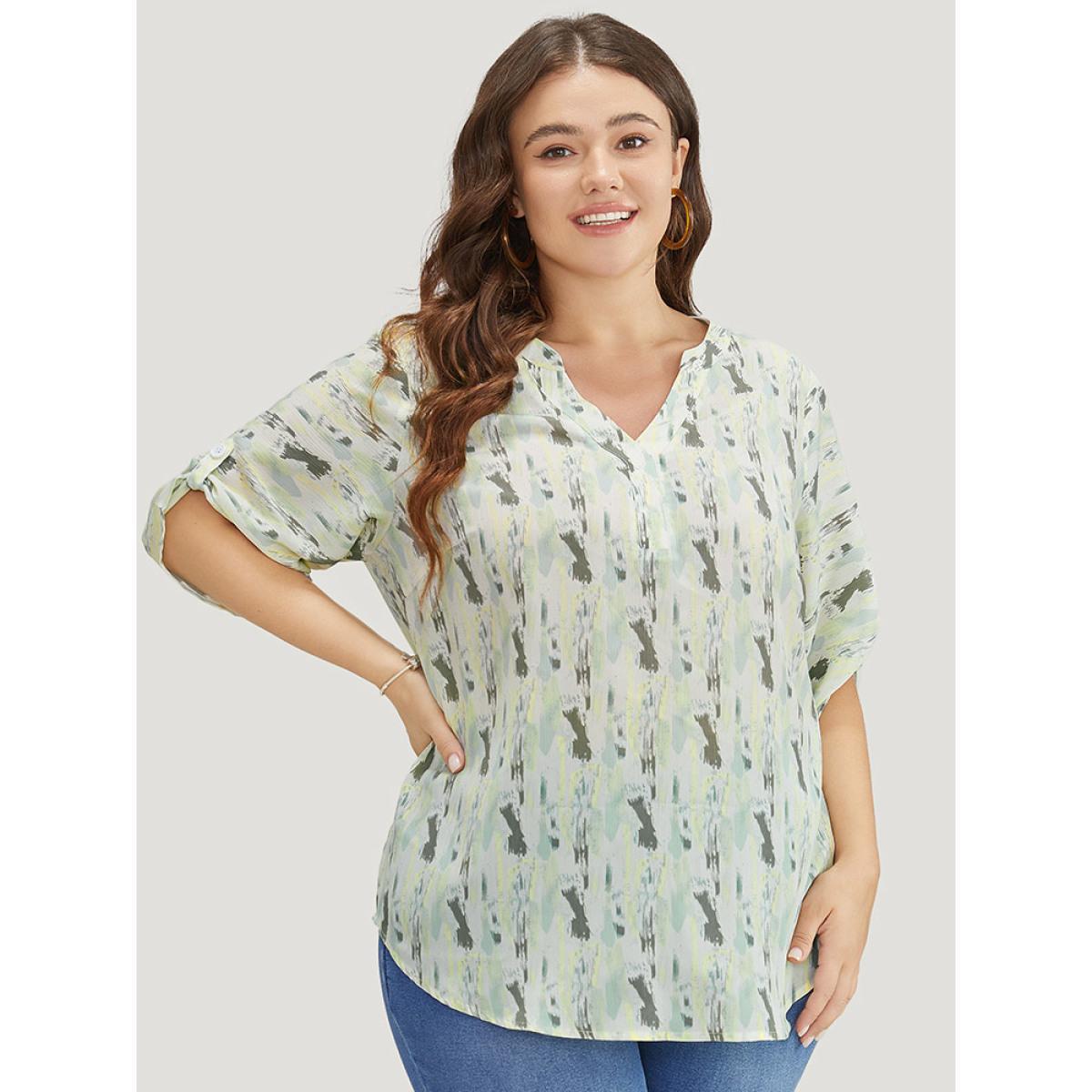 Plus Size LightGreen Brush Print Notched Neck Contrast Cuffed Sleeve Blouse Women Vacation Half Sleeve V-neck Dailywear Blouses BloomChic 22-24/3X Product Image