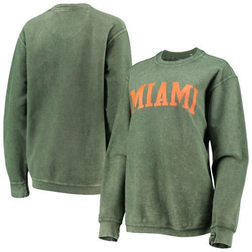 Womens Pressbox Green Miami Hurricanes Comfy Cord Vintage Wash Basic Arch Pullover Sweatshirt Product Image