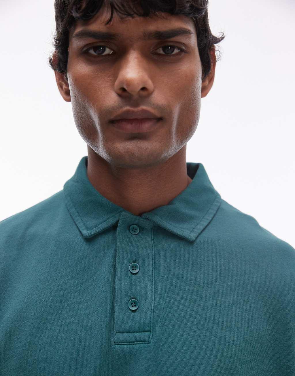 Topman long sleeve polo in washed green Product Image
