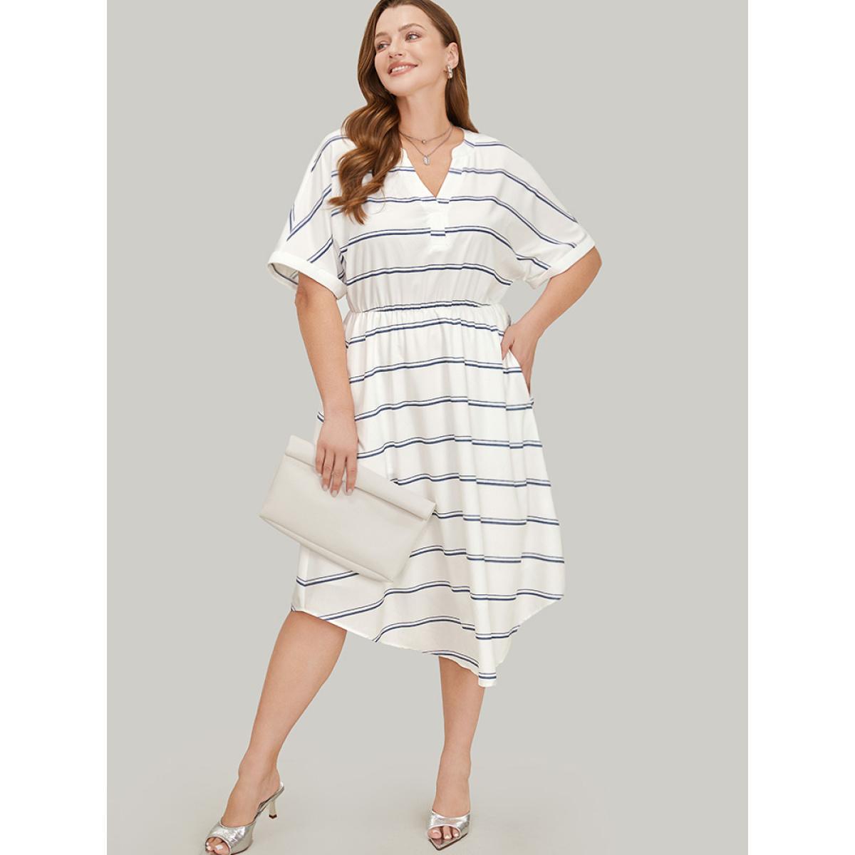 Plus Size Striped Notched Neck Pocket Roll Batwing Sleeve Dress White Women Office Lined Notched collar Short sleeve Curvy Midi Dress BloomChic 26/4X Product Image