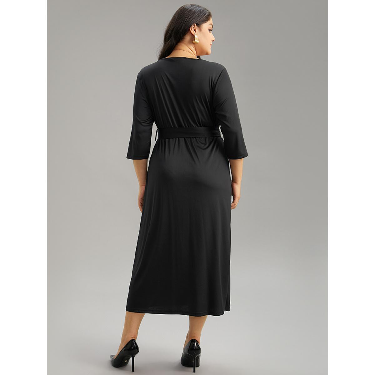 Plus Size Square Neck Metal Detail Belted Gathered Dress Black Women Office Plain Square Neck Elbow-length sleeve Curvy Midi Dress BloomChic 18-20/2X Product Image