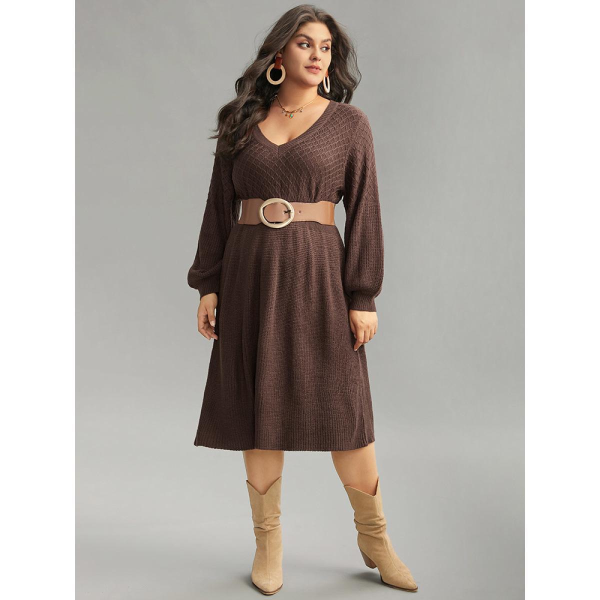 Plus Size A Line Waistline Inside Lantern Sleeve Sweater Dress DarkBrown Women Casual Loose Long Sleeve Dailywear Sweater Dresses BloomChic 12/L Product Image
