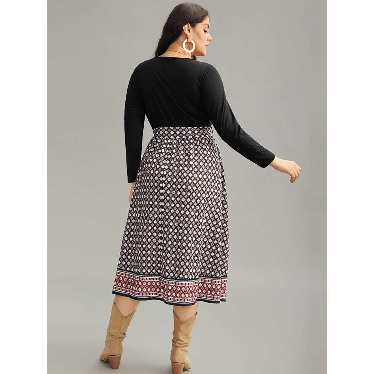 Plus Size Geometric Patchwork Cut Out Belted Dress Black Women Vacation Printed Round Neck Long Sleeve Curvy Midi Dress BloomChic 12/L Product Image
