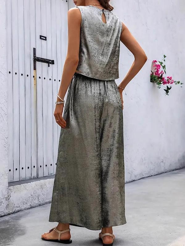 Loose Sleeveless Hollow Shiny Split-Joint Round-Neck Two Pieces Set Product Image