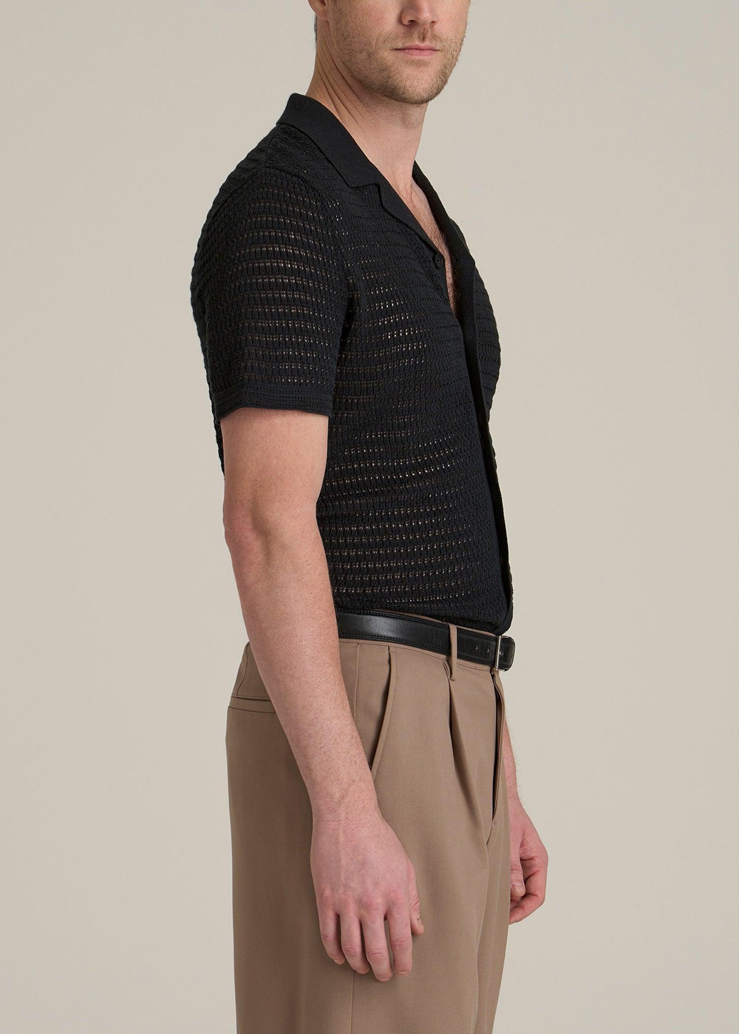 Short Sleeve Crochet Polo Cardigan for Tall Men in Black Product Image