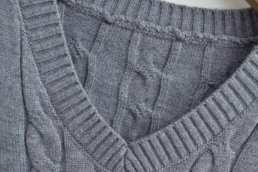 V-Neck Cable Knit Plain Crop Sweater Product Image