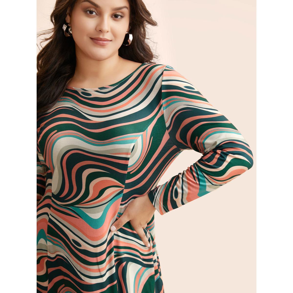 Plus Size Water Ripple Boat Neck Midi Dress Multicolor Women Casual Contrast Boat Neck Long Sleeve Curvy BloomChic 28/5X Product Image