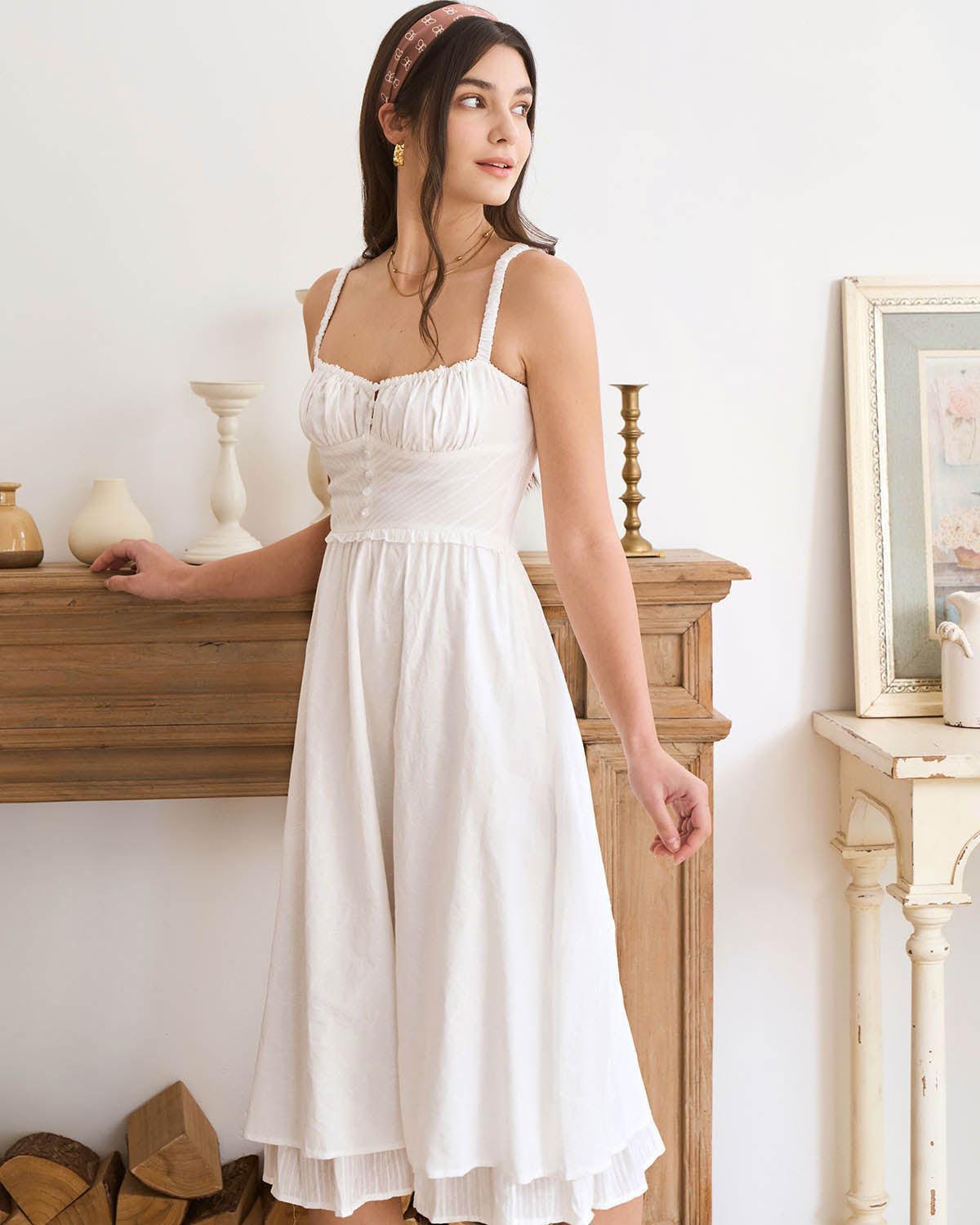 The White Ruched Slip Cotton Midi Dress Product Image