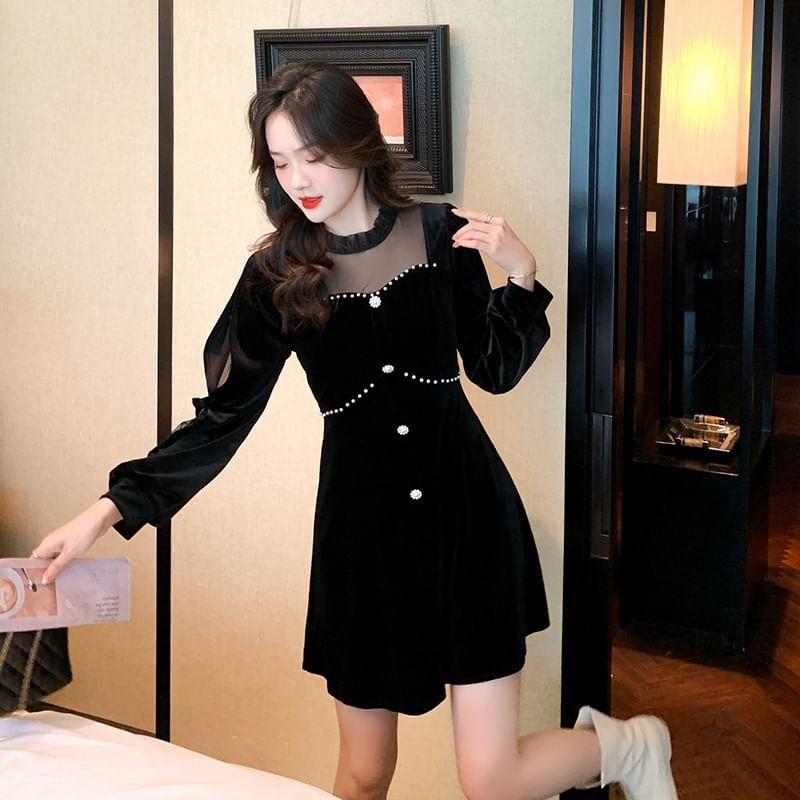 Long-Sleeve Beaded Velvet Mini A-Line Dress Product Image