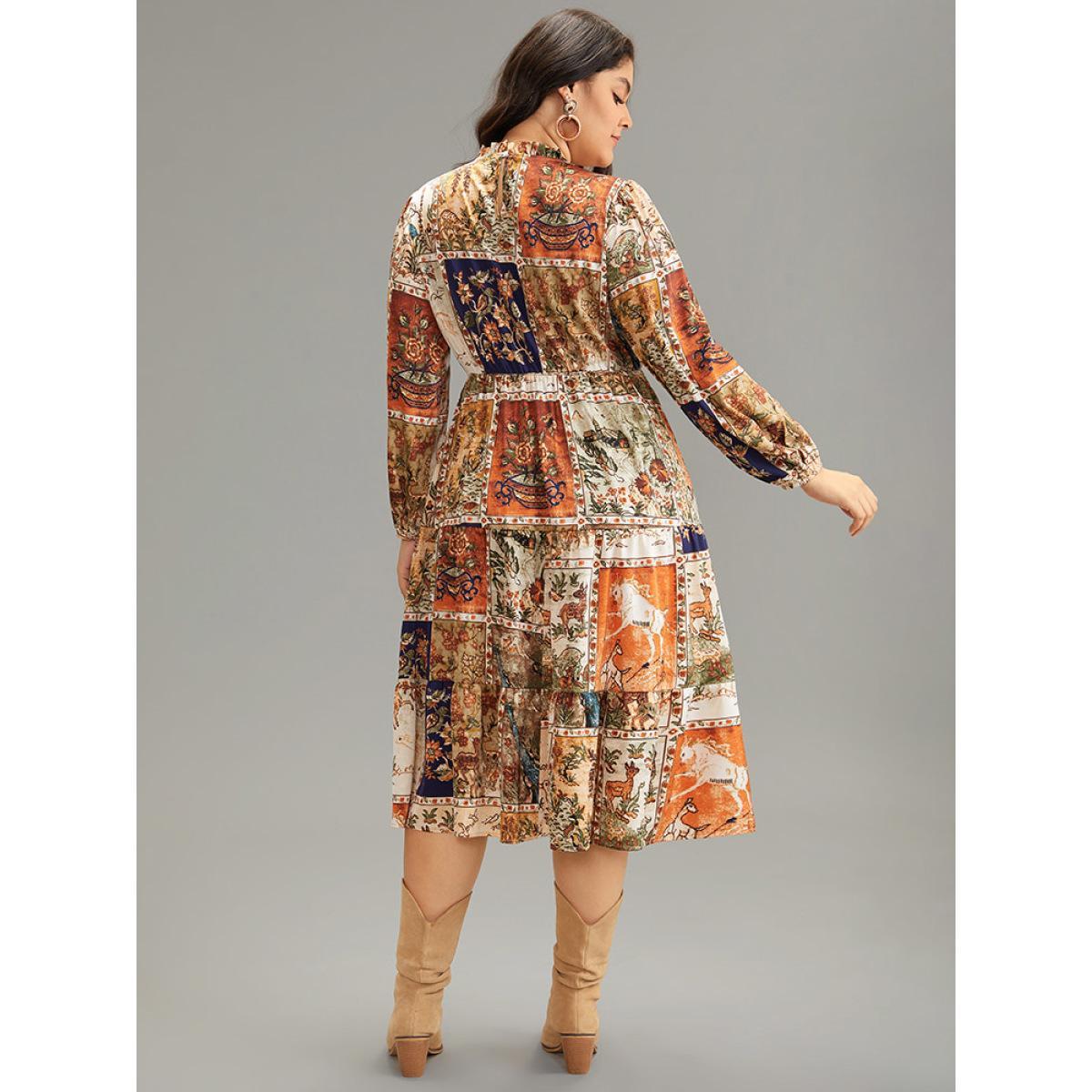 Plus Size Boho Print Stand Collar Pleated Lantern Sleeve Dress Chocolate Women Vacation Elastic cuffs Stand-up collar Long Sleeve Curvy Midi Dress BloomChic 28/5X Product Image