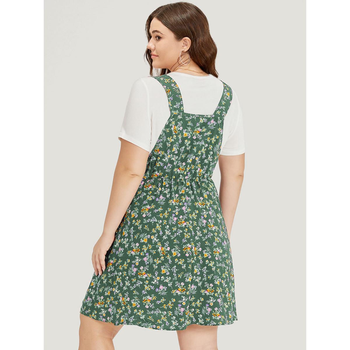 Plus Size Ditsy Floral Pocket Zipper Overall Cami Dress Green Women Casual Zipper Spaghetti Strap Sleeveless Curvy Knee Dress BloomChic 10/M Product Image