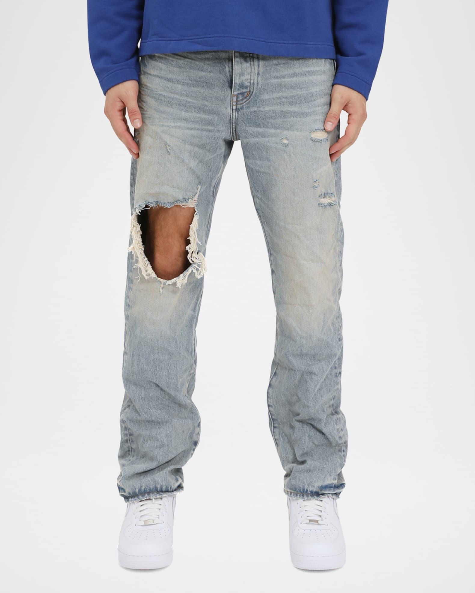 Men's P011 Distressed Knee Blowout Straight Jeans Product Image