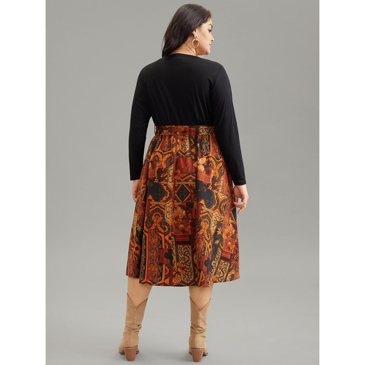 Plus Size Bandana Print V Neck Patchwork Pocket Dress Black Women Vacation Belted V-neck Long Sleeve Curvy Midi Dress BloomChic 28/5X Product Image