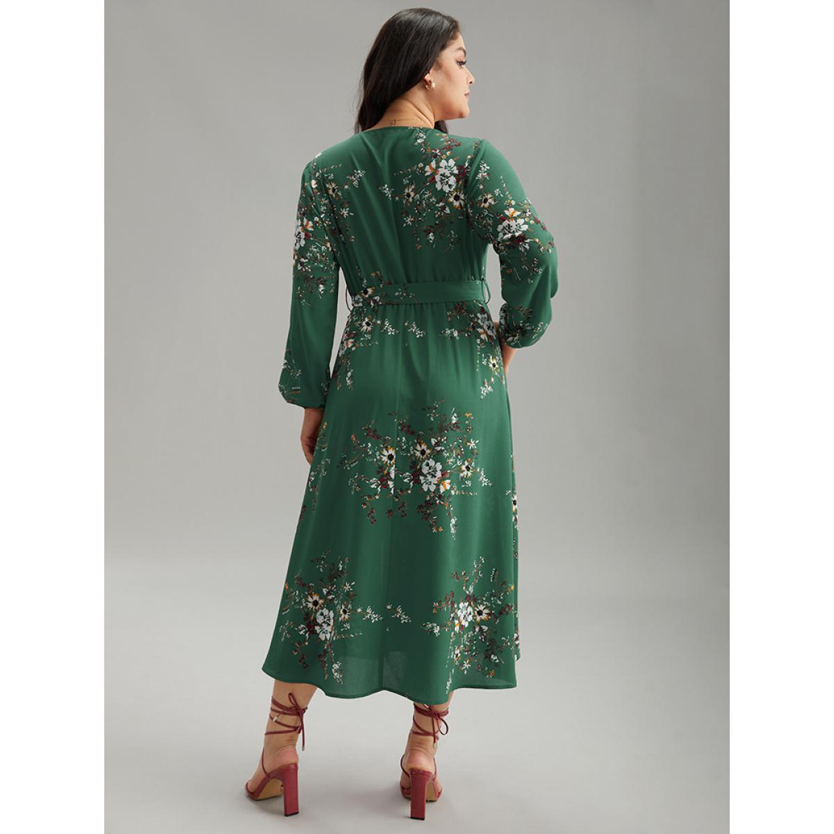Plus Size Floral Print Belted Split Surplice Neck Dress Mint Women Elegant Elastic cuffs Overlap Collar Long Sleeve Curvy Midi Dress BloomChic 30/6X Product Image