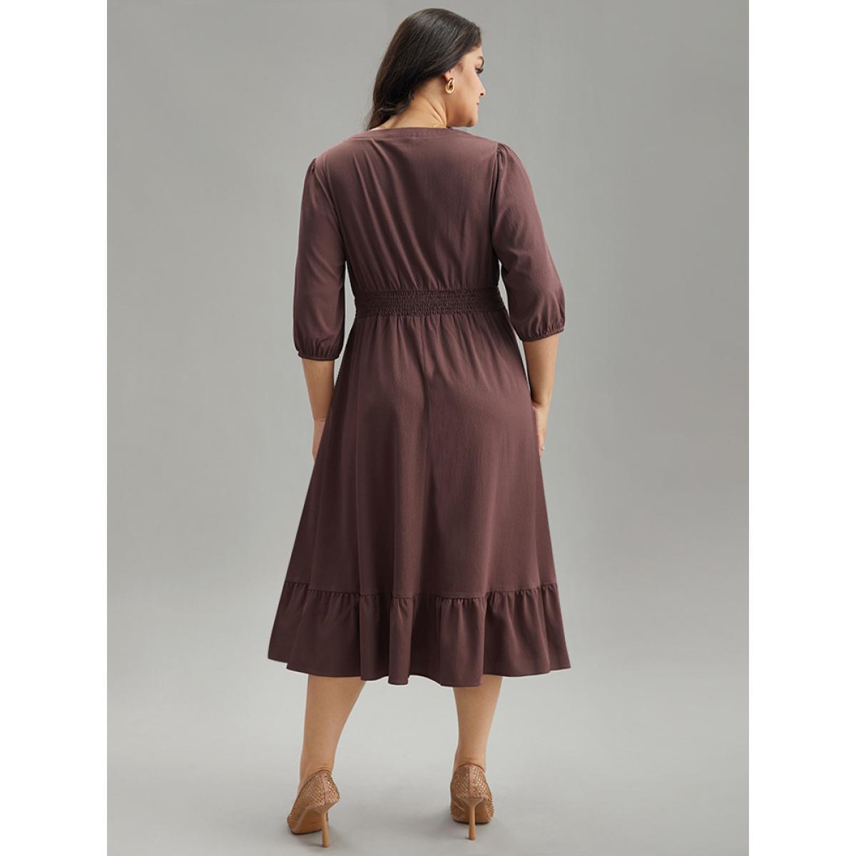 Plus Size Solid Notched Lantern Sleeve Shirred Dress Eggplant Women Office Elastic cuffs Notched collar Elbow-length sleeve Curvy Midi Dress BloomChic 18-20/2X Product Image