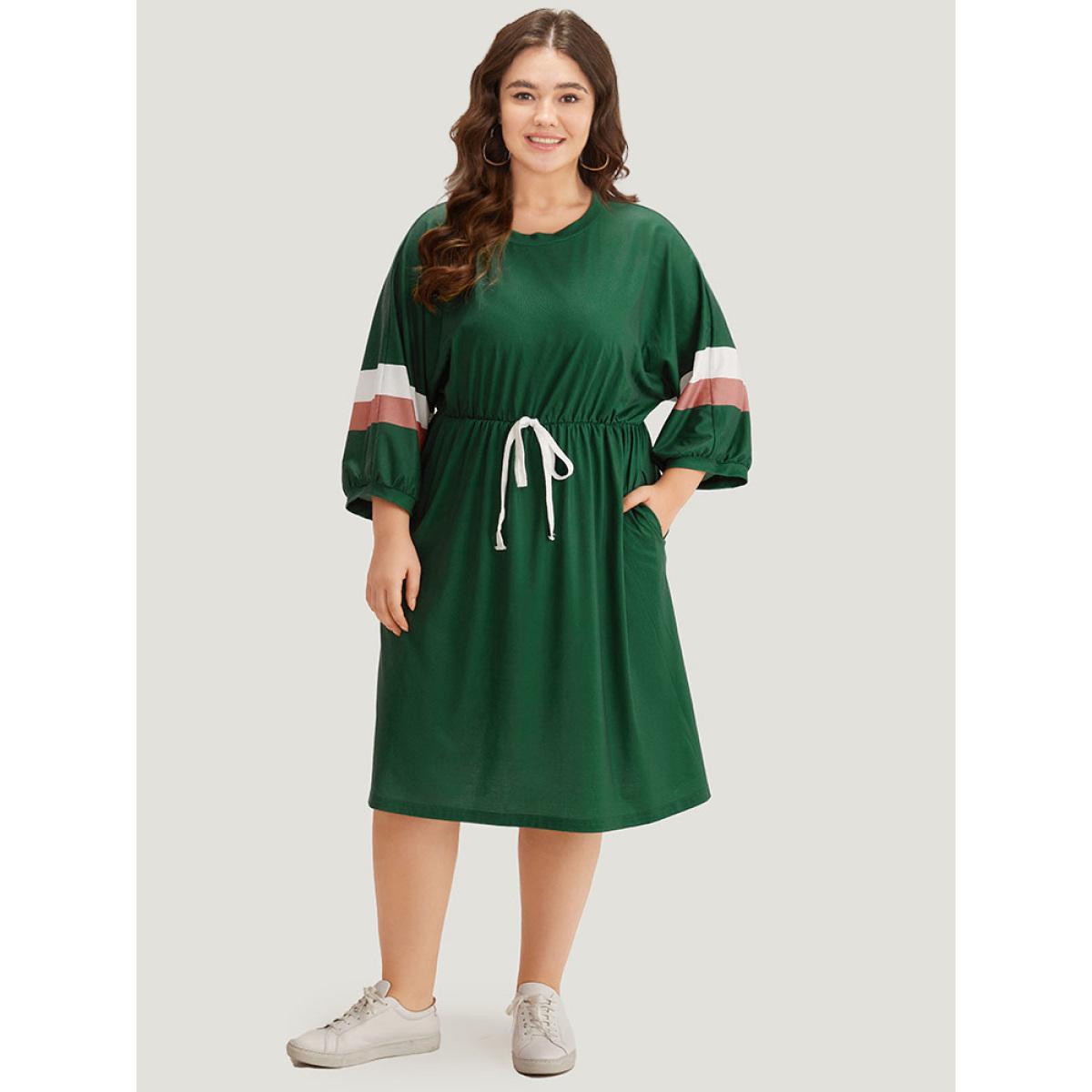 Plus Size Striped Contrast Pocket Bowknot Patchwork Dress DarkGreen Women Casual Cross straps Round Neck Elbow-length sleeve Curvy Midi Dress BloomChic 30/6X Product Image