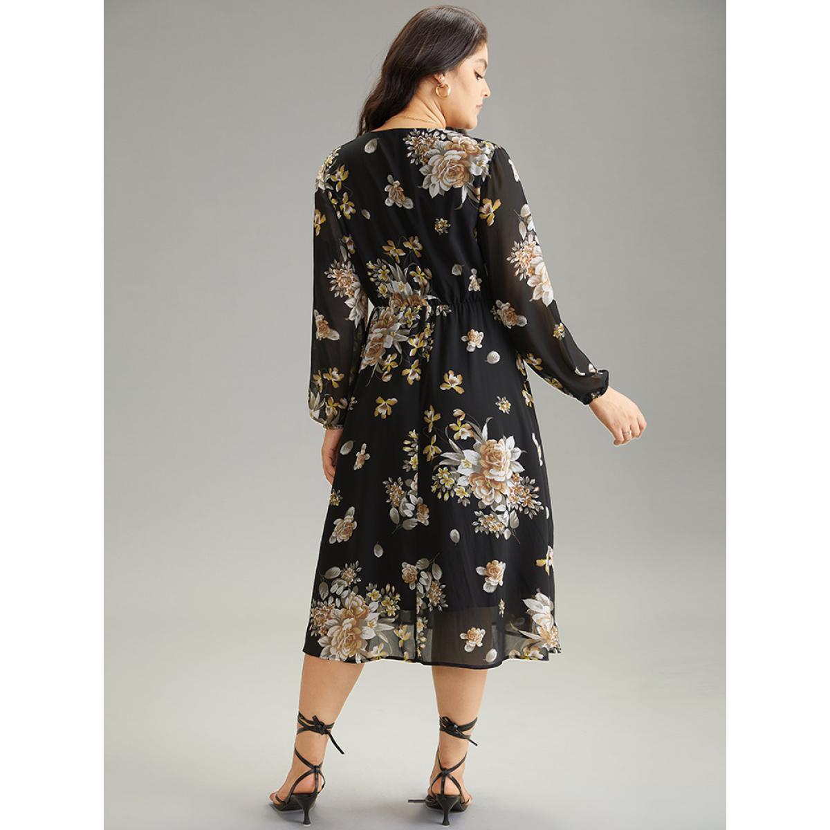 Plus Size Chiffon Floral Print Pocket Mesh Dress Black Women Elegant Elastic cuffs V-neck Long Sleeve Curvy Midi Dress BloomChic 18-20/2X Product Image