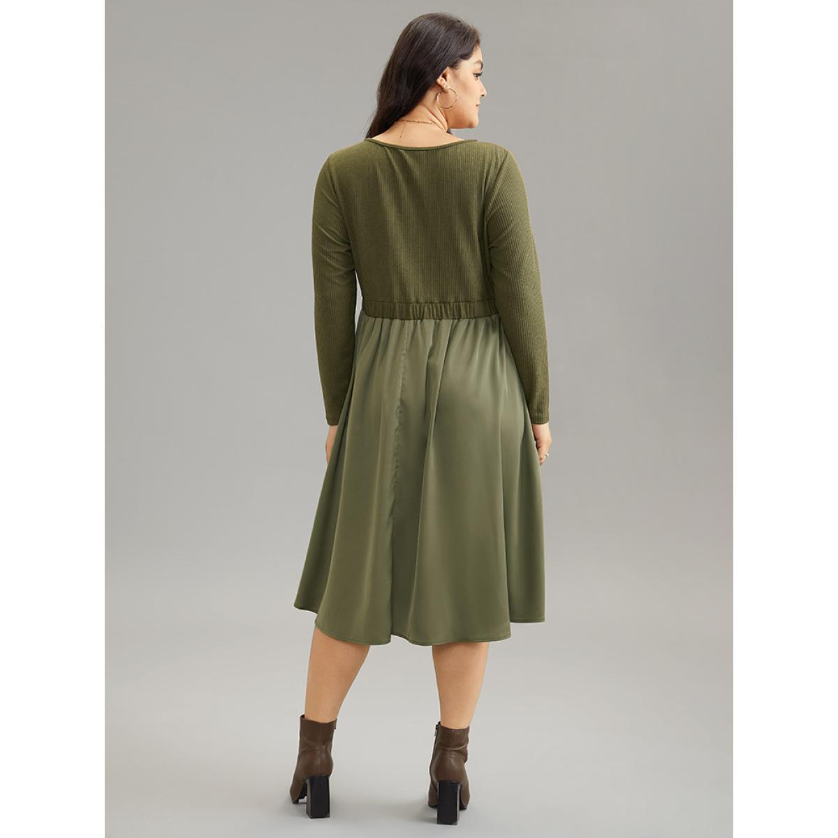 Plus Size Twill Patchwork Elastic Waist Gathered Dress Olive Women Casual Texture Notched collar Long Sleeve Curvy Midi Dress BloomChic 18-20/2X Product Image