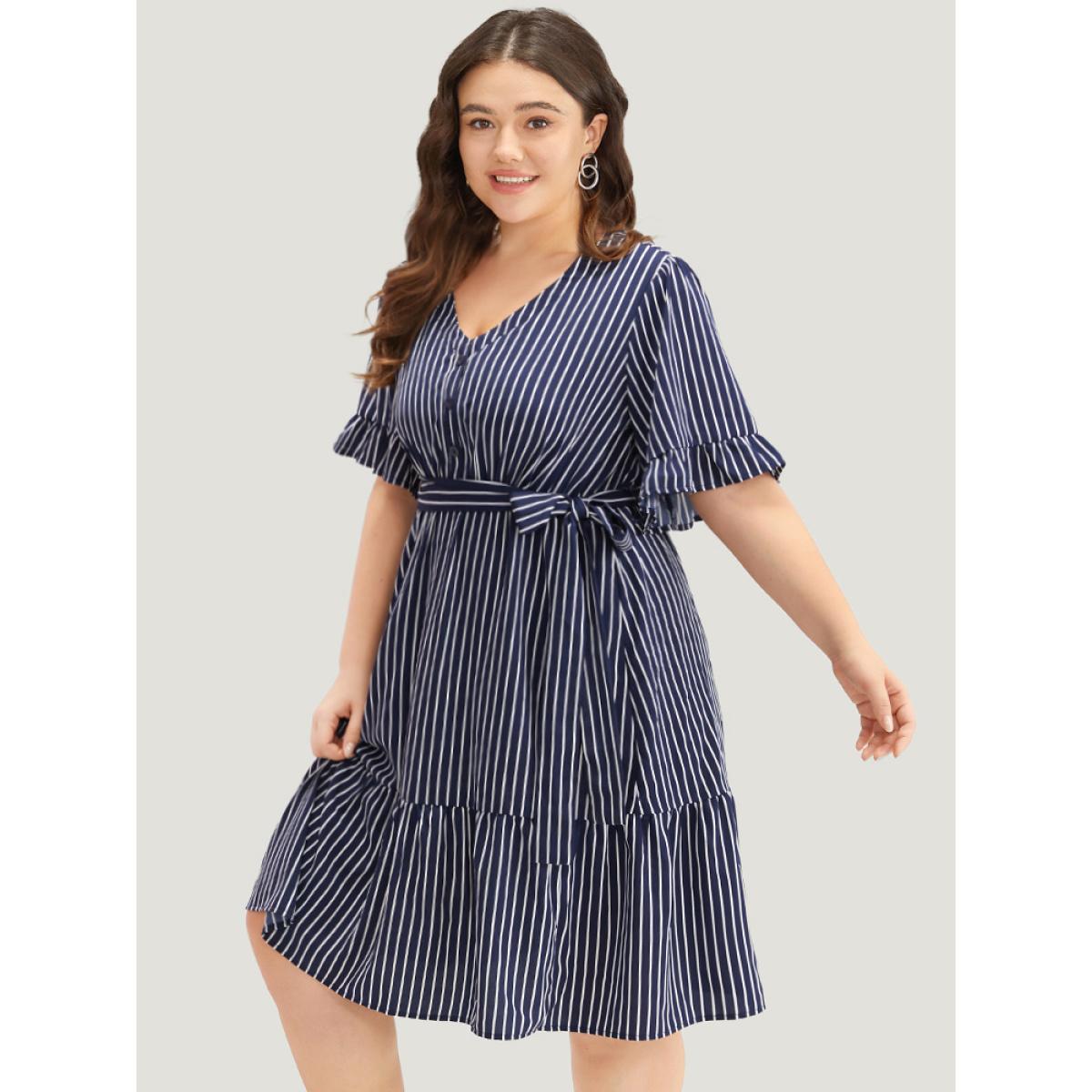 Plus Size Striped Belted Button Detail Flutter Sleeve Dress DarkBlue Women Casual Belted V-neck Short sleeve Curvy Midi Dress BloomChic 18-20/2X Product Image
