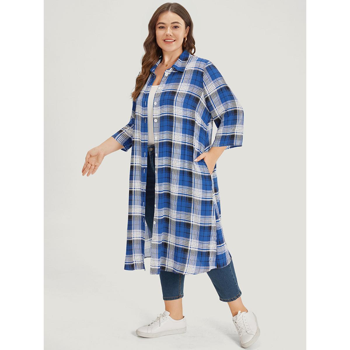 Plus Size Plaid Shirt Collar Pocket Button Through Kimono Women Indigo Casual Button Loose Pocket Dailywear Kimonos BloomChic 30/6X Product Image