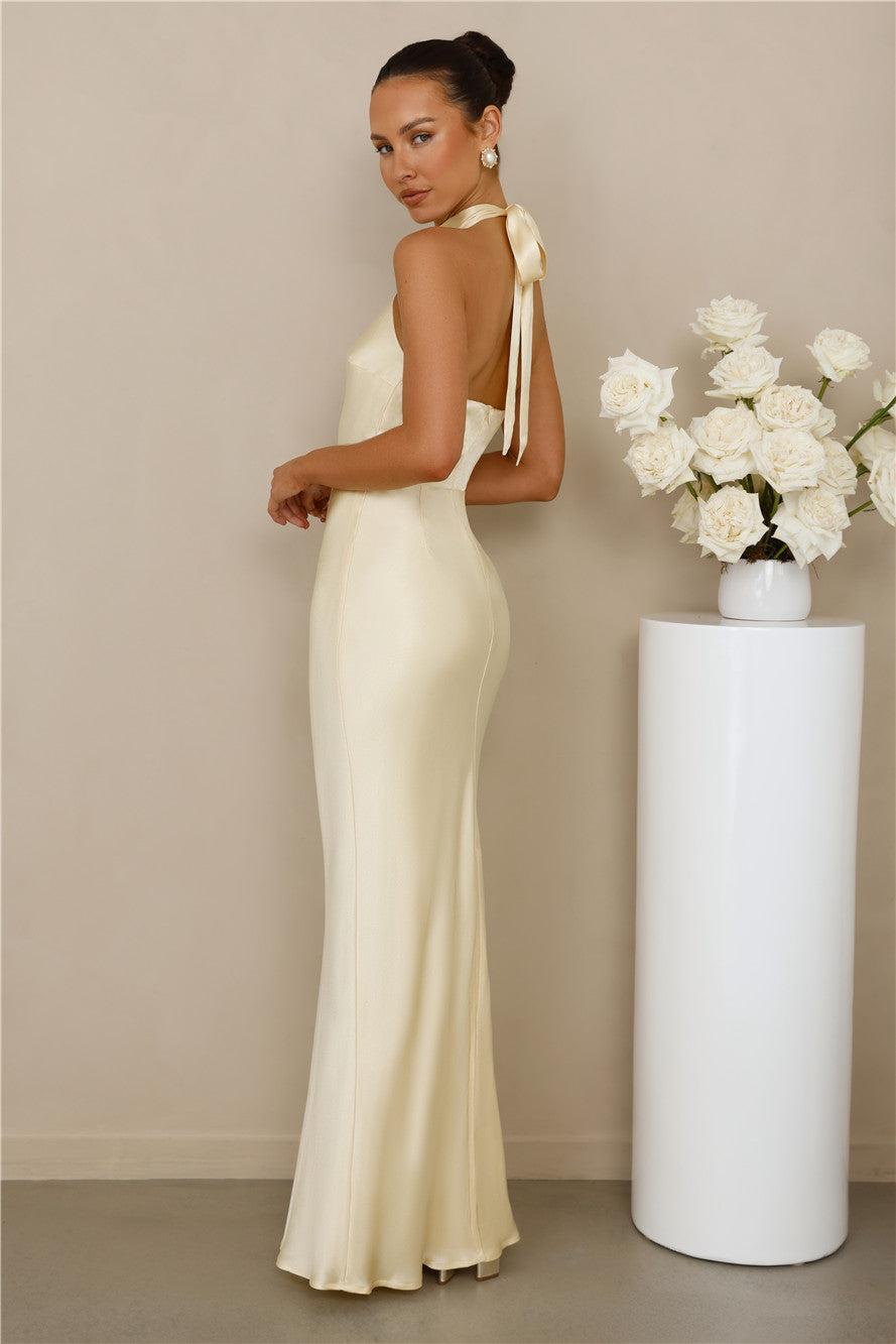 The Cleo Halter Satin Maxi Dress Yellow Product Image