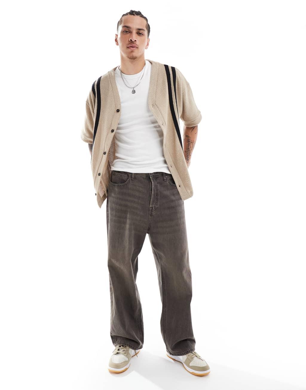 River Island crochet baseball shirt in stone Product Image