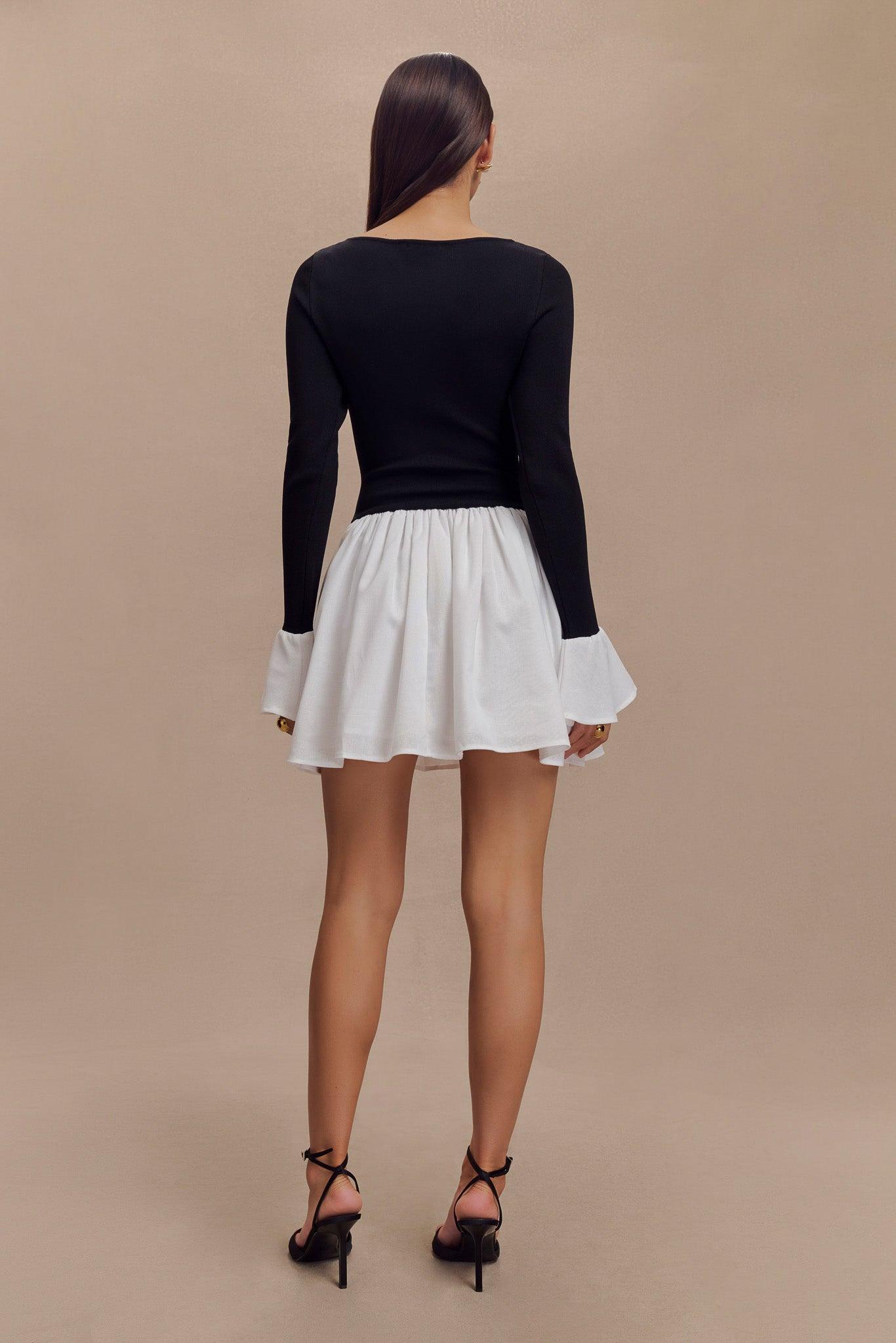 Sansa Knit And Linen Mini Dress - Black & White Product Image