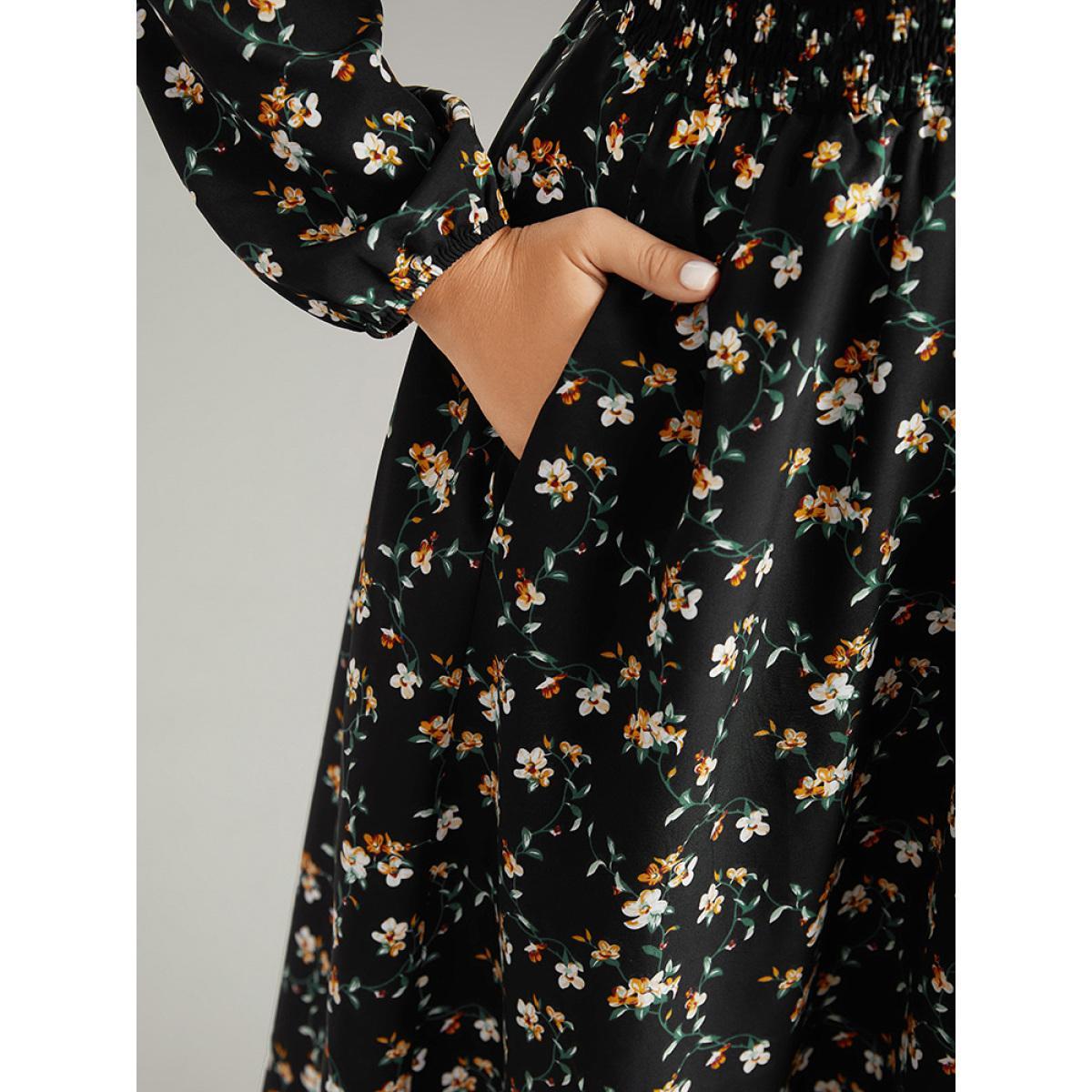 Plus Size Ditsy Floral Frill Trim Shirred Dress Black Women Elegant Elastic cuffs Mock Neck Long Sleeve Curvy Midi Dress BloomChic 26/4X Product Image