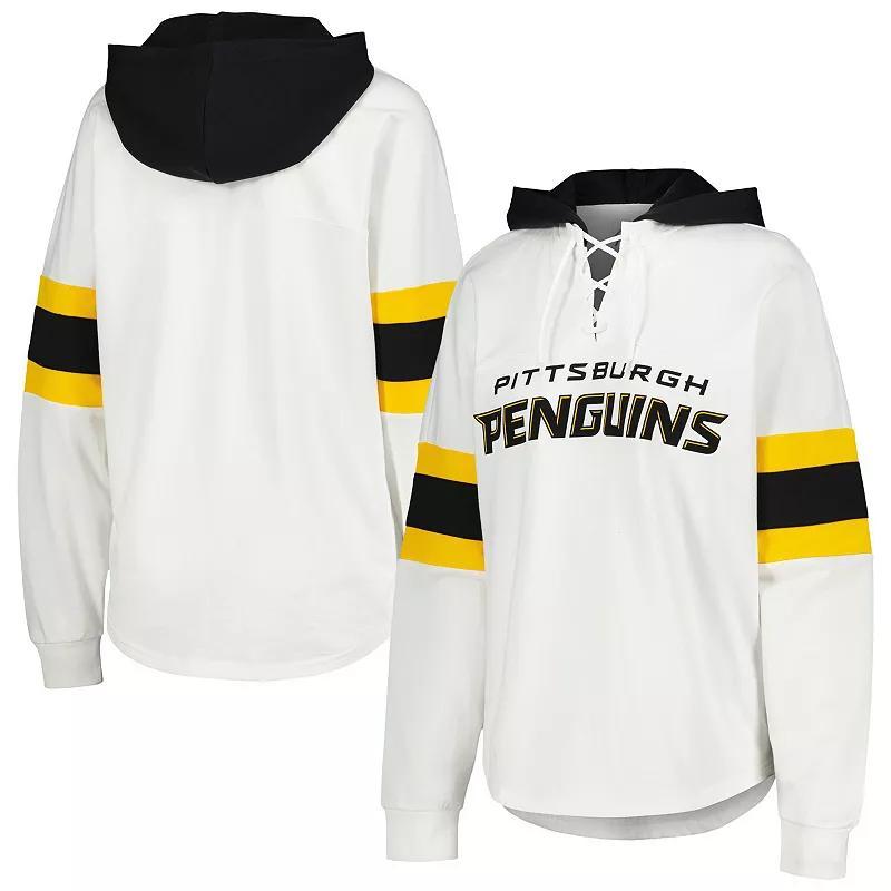Women's G-III 4Her by Carl Banks White/Black Pittsburgh Penguins Goal Zone Long Sleeve Lace-Up Hoodie T-Shirt, Size: Small Product Image