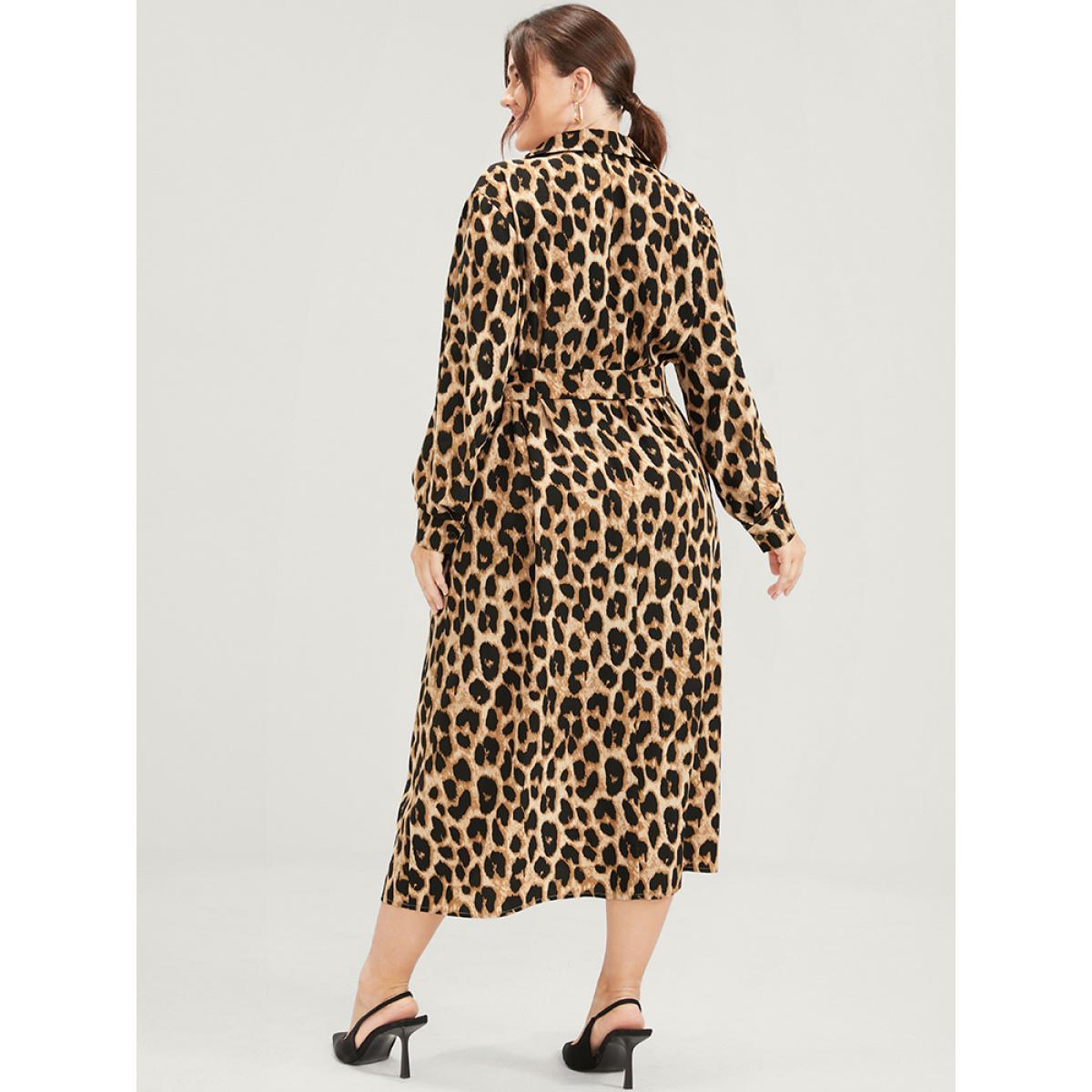 Plus Size Leopard Pocket Button Belted Shirt Collar Midi Dress Leopard Women Office Belted Shirt collar Long Sleeve Curvy Midi Dress BloomChic 28/5X Product Image