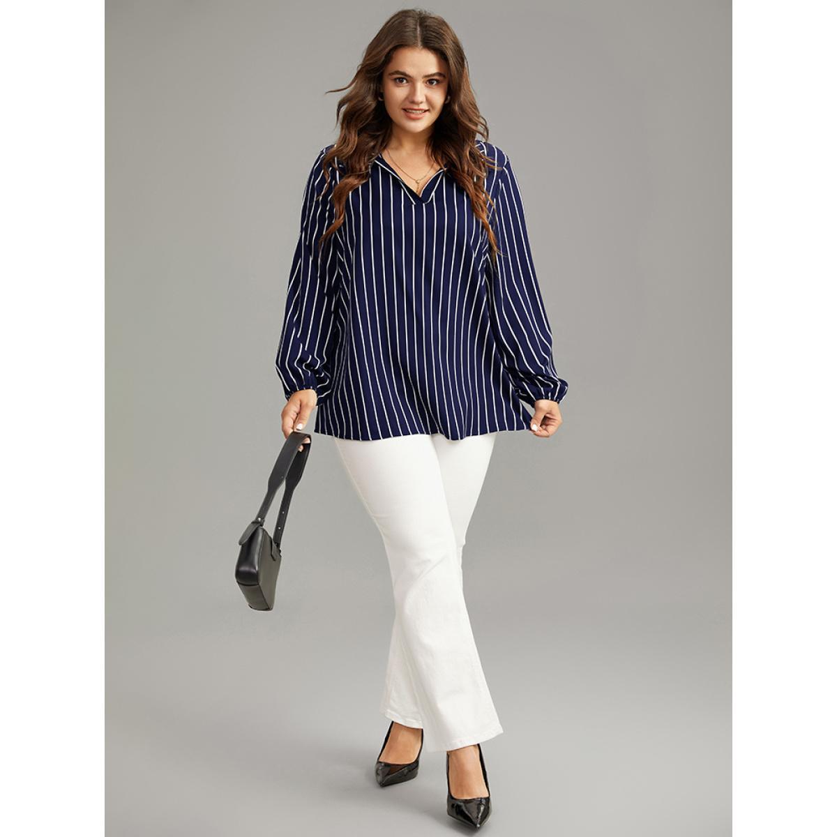 Plus Size Indigo Striped Shirt Collar Lantern Sleeve Blouse Women Office Long Sleeve Shirt collar Work Blouses BloomChic 12/L Product Image