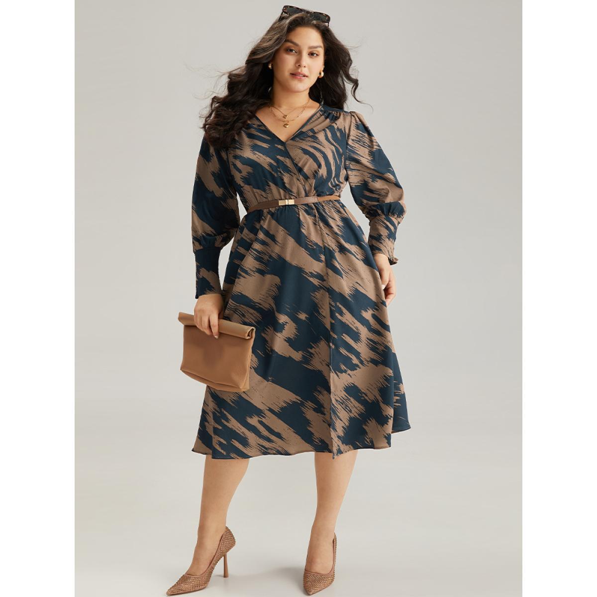 Plus Size Brush Print Elastic Waist Wrap Split Hem Dress Indigo Women At the Office Elastic Waist V-neck Long Sleeve Curvy Midi Dress BloomChic 18-20/2X Product Image