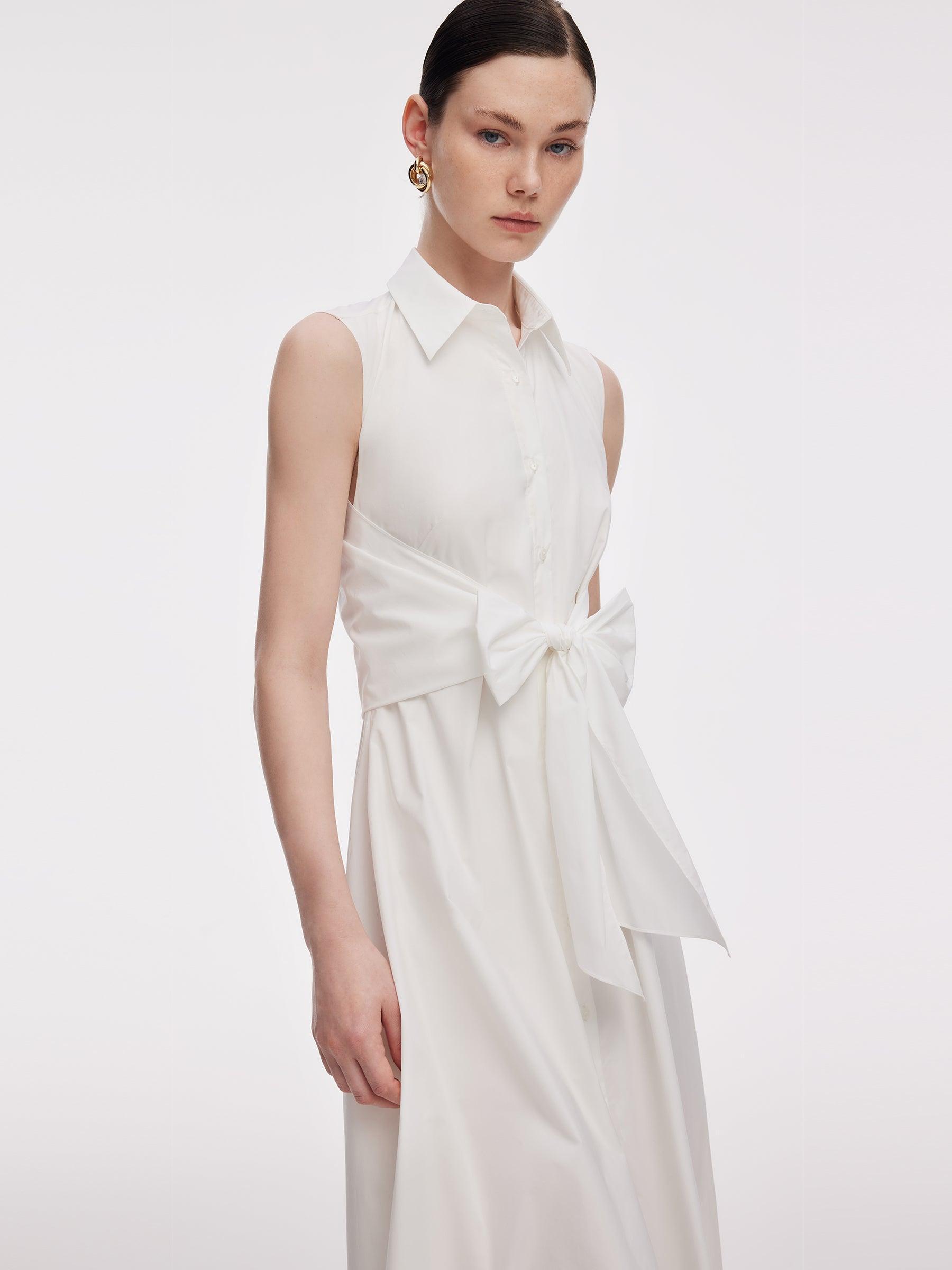 100% Cotton Tie Front Women Sleeveless Maxi Shirt Dress Product Image