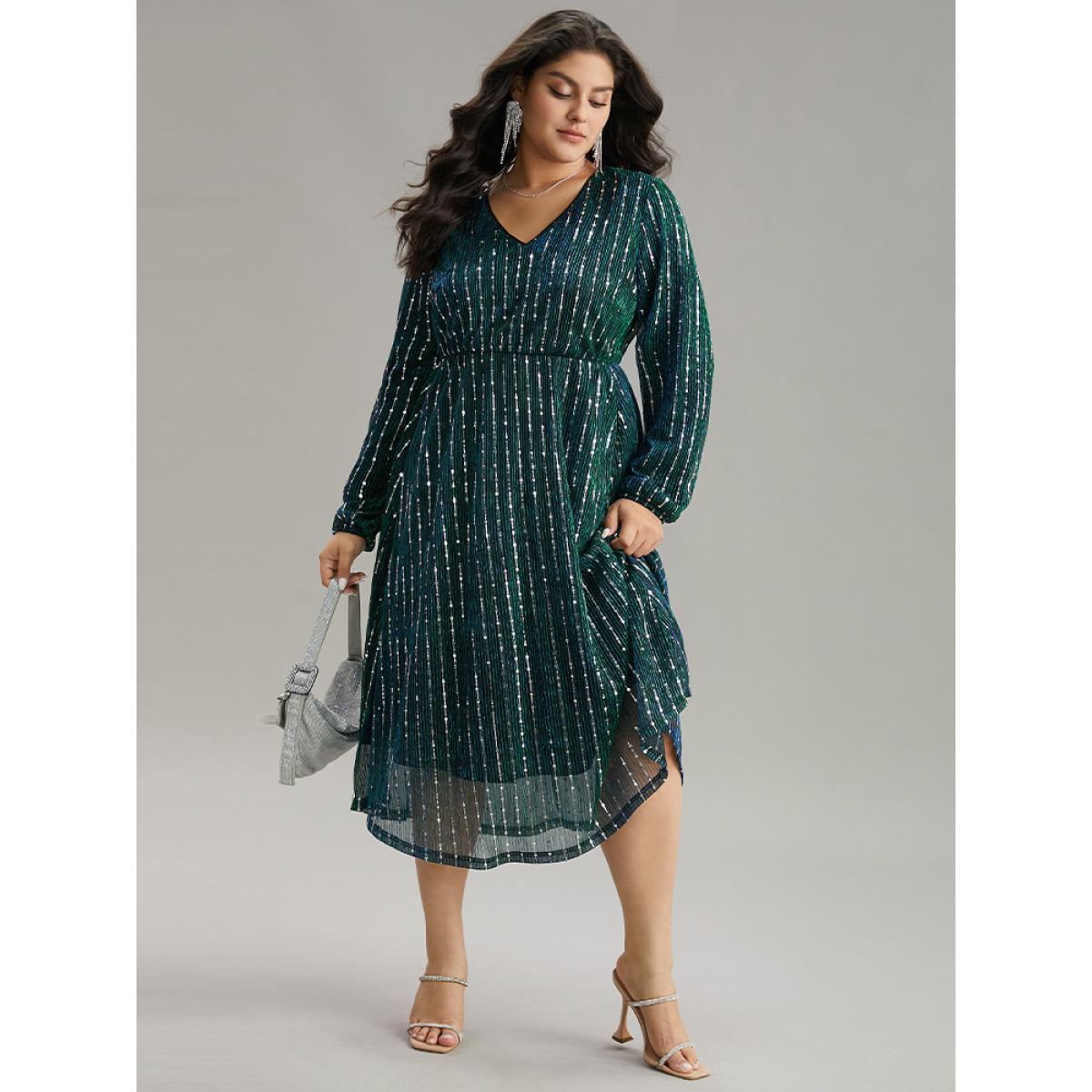 Plus Size Sequin Mesh V Neck Elastic Waist Dress DarkSlateGray Women Cocktail Sequin V-neck Long Sleeve Curvy Midi Dress BloomChic 14-16/1X Product Image
