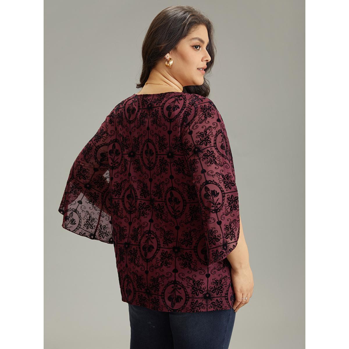Plus Size Scarlet Silhouette Floral Print V Neck Petal Sleeve Blouse Women Elegant Elbow-length sleeve V-neck Dailywear Blouses BloomChic 22-24/3X Product Image