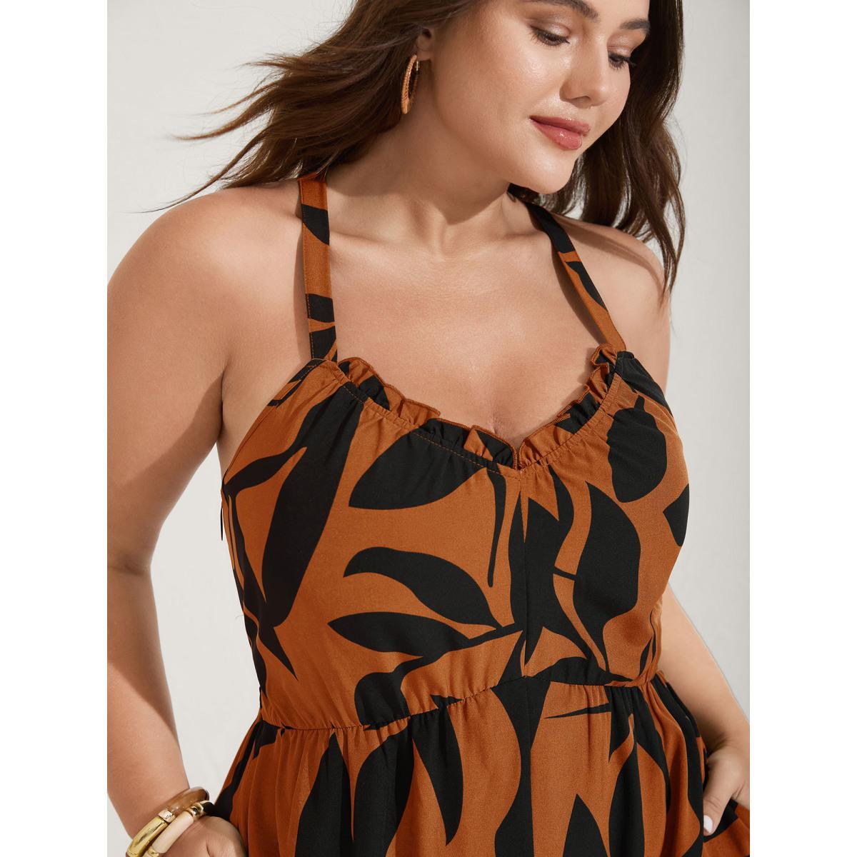 Plus Size Yellowishbrown Silhouette Floral Print Sweetheart Jumpsuit Women Sleeveless V-neck Everyday-Elegant Loose Jumpsuits BloomChic 18-20/2X Product Image