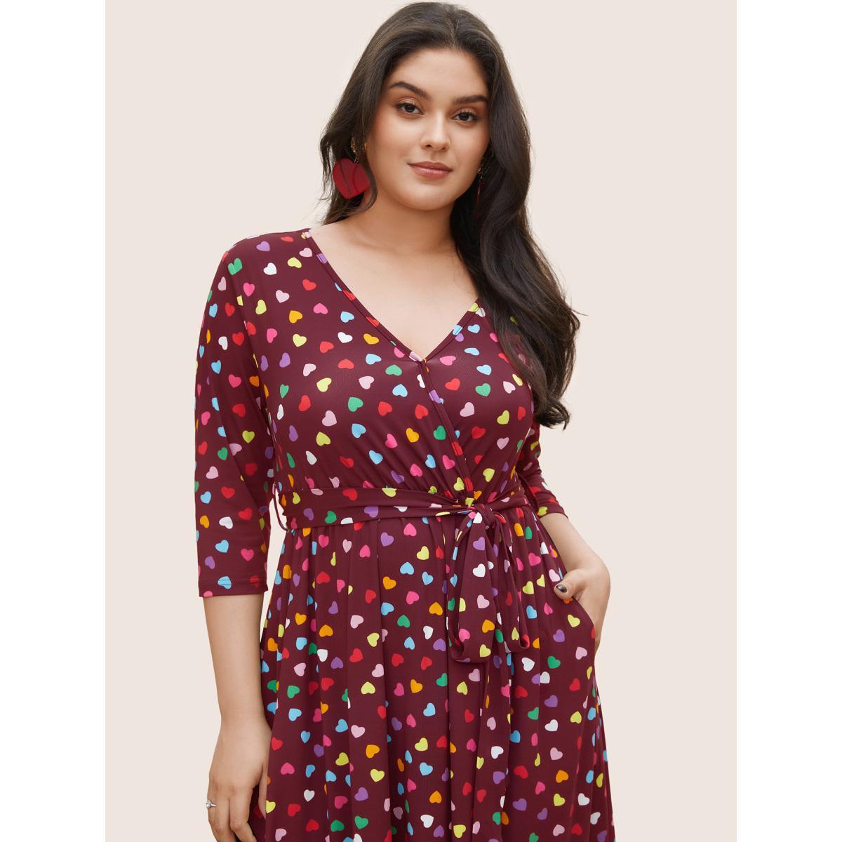 Plus Size Colored Heart Print Belted Overlap Collar Dress Burgundy Women Casual Belted Overlap Collar Elbow-length sleeve Curvy Midi Dress BloomChic 10/M Product Image