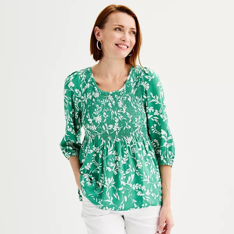 Women's Croft & Barrow® Three-Quarter Sleeve Smocked Blouse, Size: Medium, Blue Scatter Dot Product Image